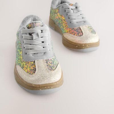 Blue Glitter Lace Up Retro Trainers