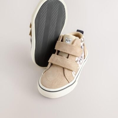 Neutral Brown Bear Print Suede Touch Fastening High Top Trainers