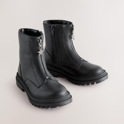 Black Standard Fit (F) Zip Front Ankle Boots
