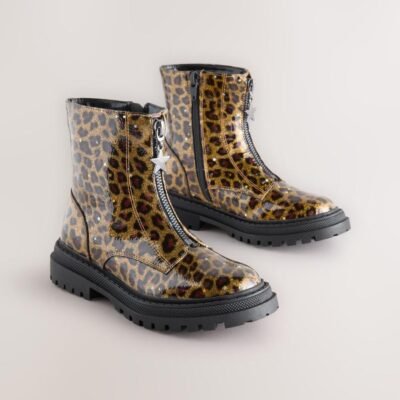 Leopard Print Standard Fit (F) Zip Front Ankle Boots