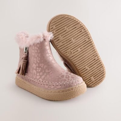 Pink Faux Fur Lined Zip Ankle Boots