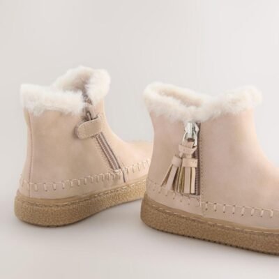 Bone Faux Fur Lined Zip Ankle Boots