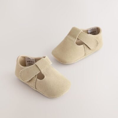 Stone Suede Leather Baby T-Bar Shoes