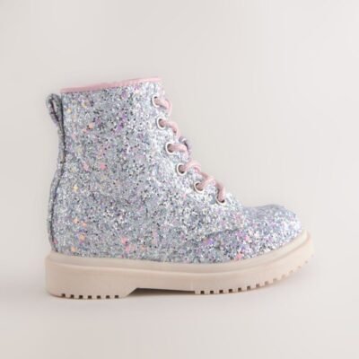 Silver Glitter Standard Fit (F) Lace-Up Ankle Boots