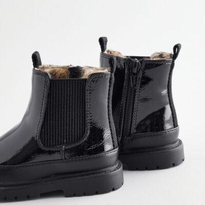 Black Patent Chunky Chelsea Ankle Boots
