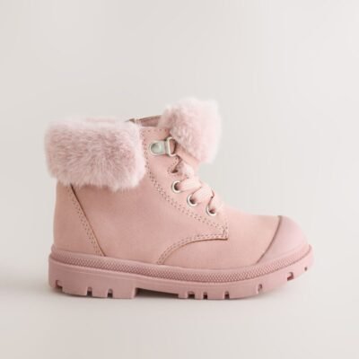 Pink Lace Up Faux Fur Lined Boots