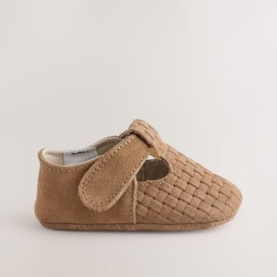 Tan Woven Suede Leather Baby T-Bar Shoes