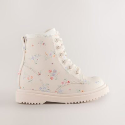 Cream Floral Standard Fit (F) Lace-Up Ankle Boots