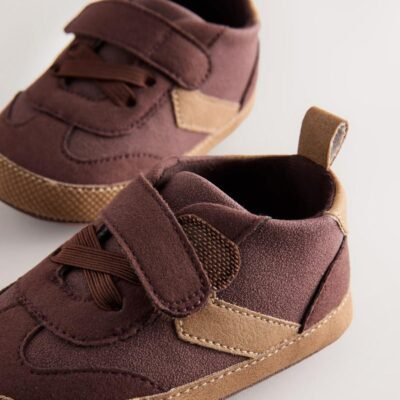 Brown Chocolate Baby Touch Fastening Elastic Lace Chevron Trainers