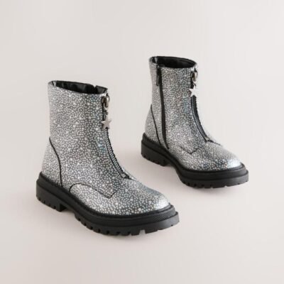 Silver Metallic Stars Standard Fit (F) Zip Front Ankle Boots