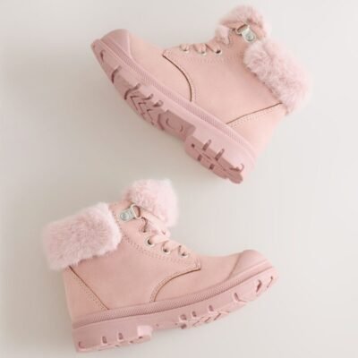 Pink Lace Up Faux Fur Lined Boots