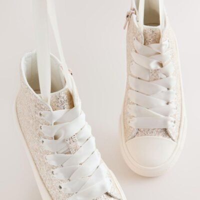 Ivory Glitter Standard Fit (F) Lace-Up High Top Trainers
