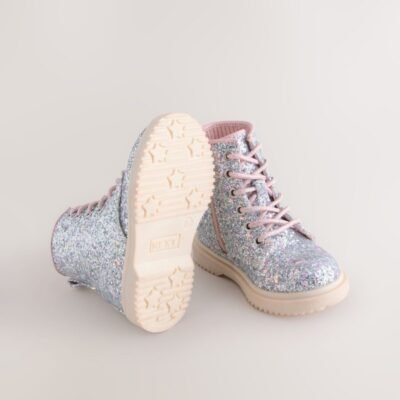 Silver Glitter Standard Fit (F) Lace-Up Ankle Boots