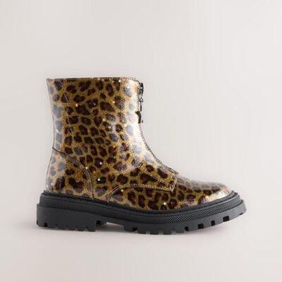 Leopard Print Standard Fit (F) Zip Front Ankle Boots