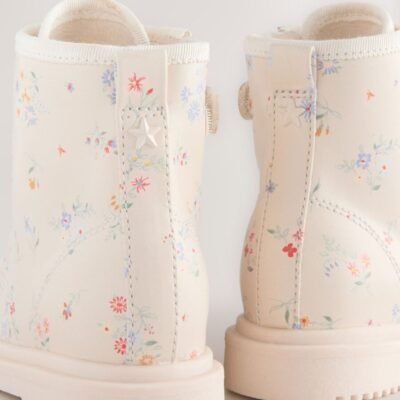 Cream Floral Standard Fit (F) Lace-Up Ankle Boots