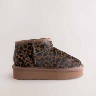 Chocolate Brown Leopard Print Standard Fit (F) Flatform Mini Warm Lined Water Repellent Suede Pull-On Boots
