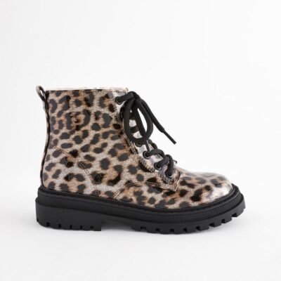 Brown Animal Print Wide Fit (G) Warm Lined Lace-Up Ankle Boots