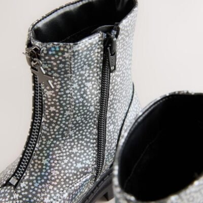 Silver Metallic Stars Standard Fit (F) Zip Front Ankle Boots