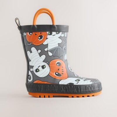 Black/Orange Halloween Handle Pull On Wellies