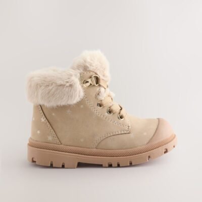 Neutral Star Lace Up Faux Fur Lined Boots