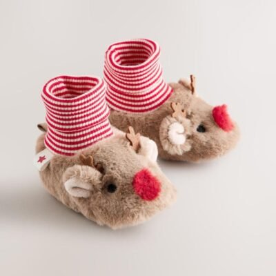 Brown Christmas Reindeer Baby Sock Top Boots
