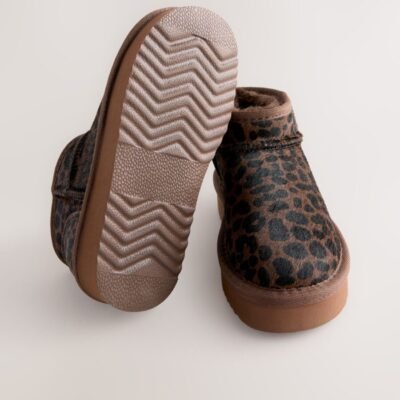 Chocolate Brown Leopard Print Standard Fit (F) Flatform Mini Warm Lined Water Repellent Suede Pull-On Boots