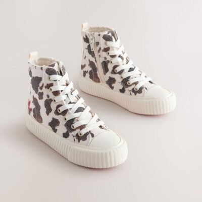 White/Brown Cow Printed Standard Fit (F) Lace-Up High Top Trainers