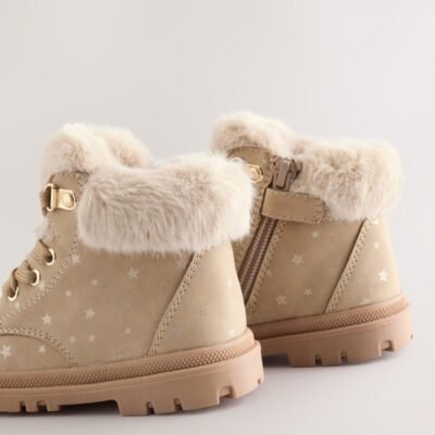 Neutral Star Lace Up Faux Fur Lined Boots