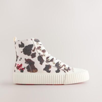 White/Brown Cow Printed Standard Fit (F) Lace-Up High Top Trainers