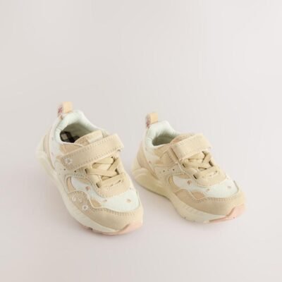 Neutral Embroidered Floral Standard Fit (F) Elastic Lace Touch Fasten Trainers