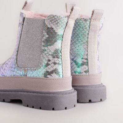Silver Metallic Snake Chunky Chelsea Ankle Boots