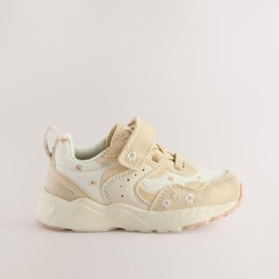 Neutral Embroidered Floral Standard Fit (F) Elastic Lace Touch Fasten Trainers