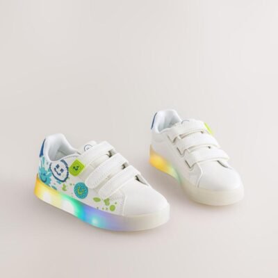 White Happy Face Light Up Touch Fastening Trainers