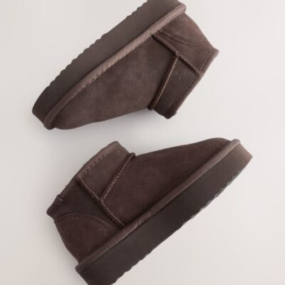 Chocolate Brown Standard Fit (F) Flatform Mini Warm Lined Water Repellent Suede Pull-On Boots