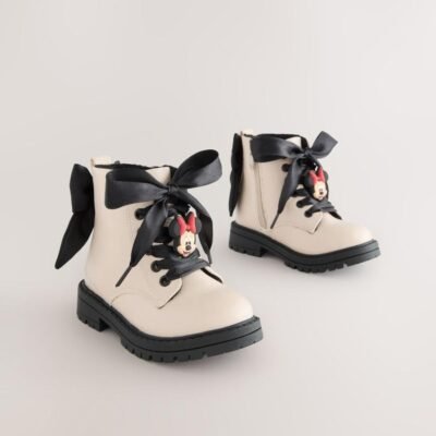 Neutral Minnie Mouse Bow Detail Lace Up Ankle Boots