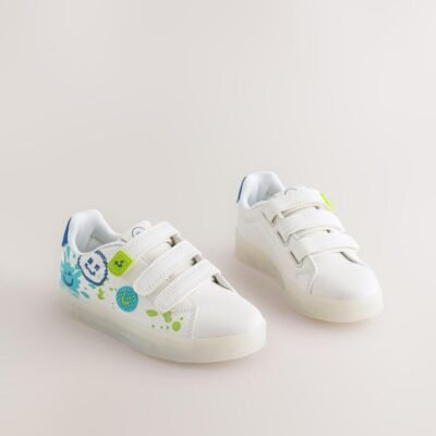 White Happy Face Light Up Touch Fastening Trainers