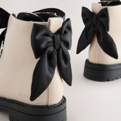 Neutral Minnie Mouse Bow Detail Lace Up Ankle Boots