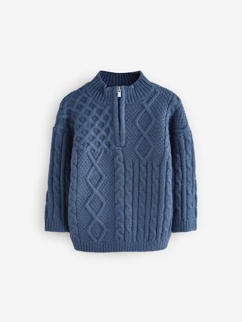 Navy Blue Cable Knit Zip Neck Jumper
