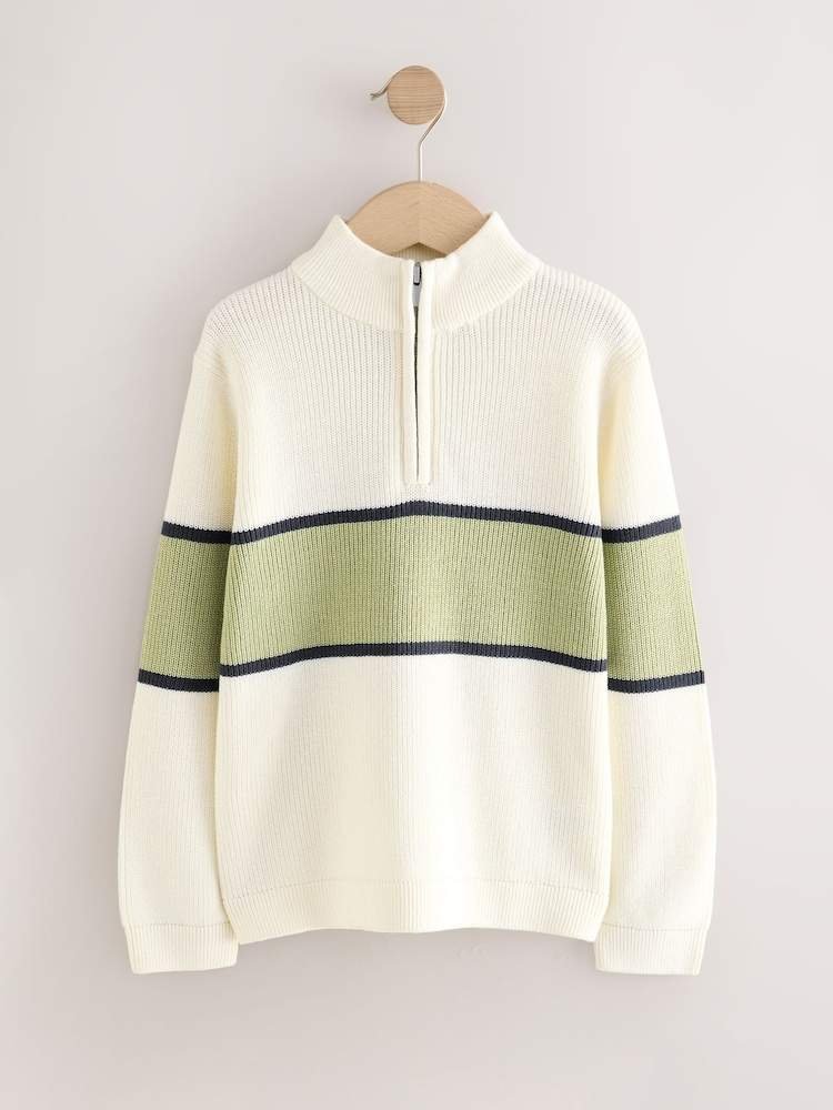 Ecru/Green Colourblock Zip Neck Knitted Jumper