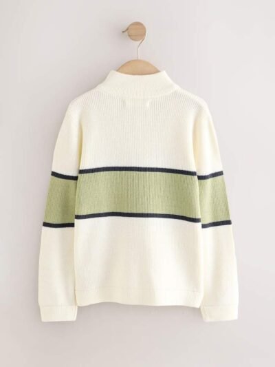 Ecru/Green Colourblock Zip Neck Knitted Jumper
