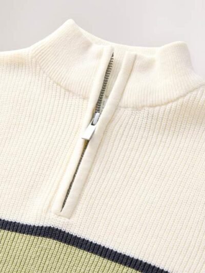 Ecru/Green Colourblock Zip Neck Knitted Jumper