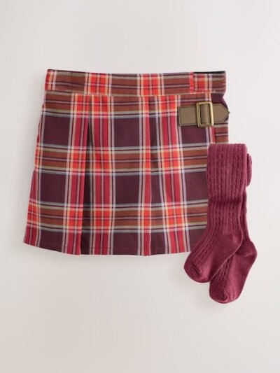 Burgundy Red Check Skort and Tights Set
