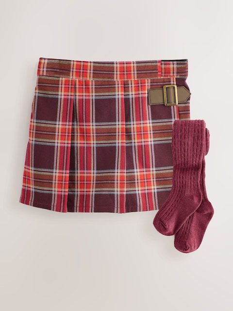 Burgundy Red Check Skort and Tights Set