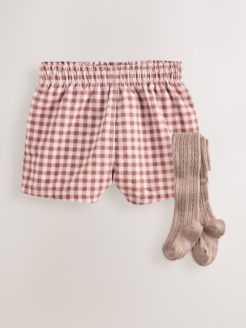 Pink Gingham Corduroy Shorts and Tights Set