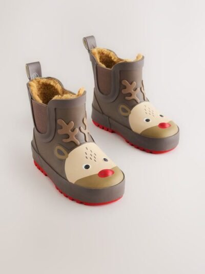 Brown Reindeer Warm Lined Ankle Wellies