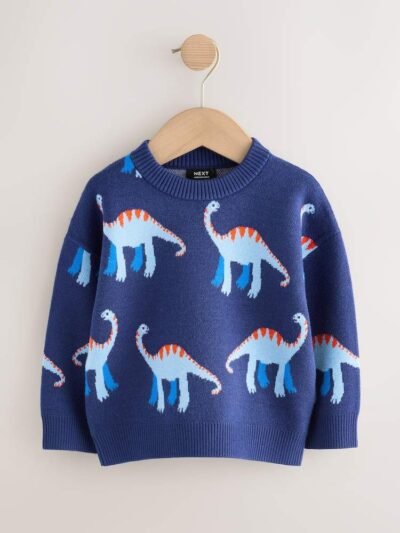 Blue Dinosaur Knitted Crew Neck Jumper
