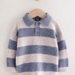 Blue Stripe Knitted Rugby Polo Shirt