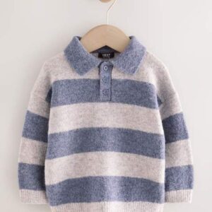 Blue Stripe Knitted Rugby Polo Shirt