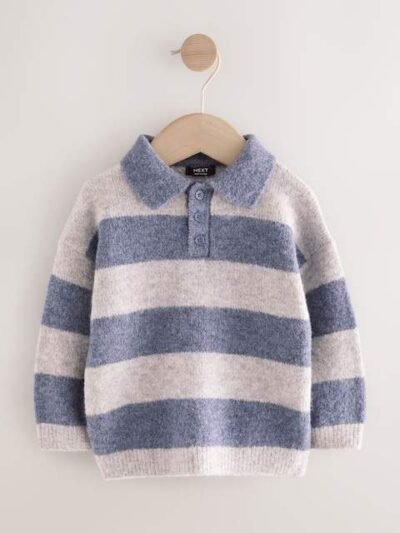Blue Stripe Knitted Rugby Polo Shirt