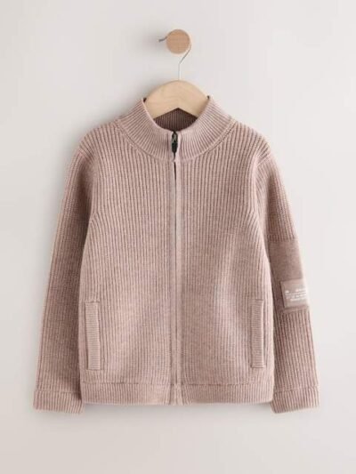 Neutral Utility Zip Through Knitted Cardigan